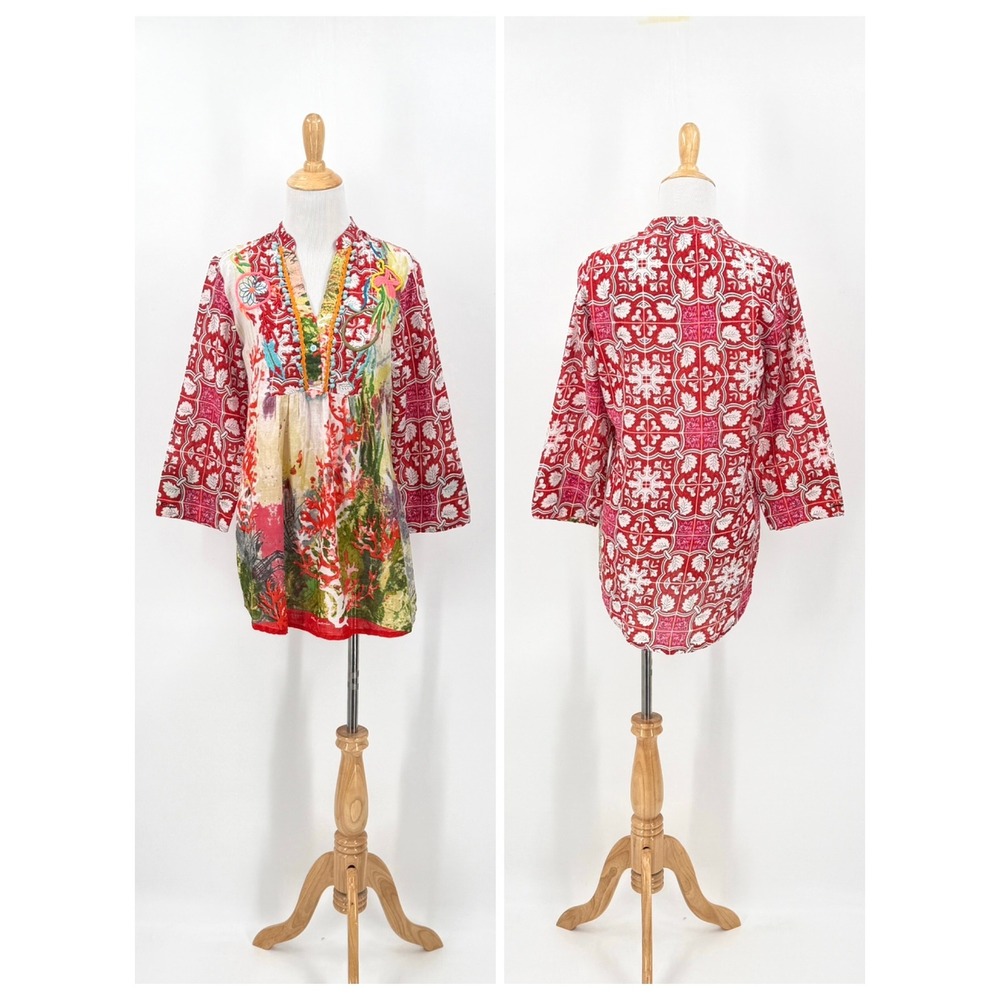 Antica Sartoria Tunic Top Women One Size Red Coral Print Pom Pom Boho Cotton